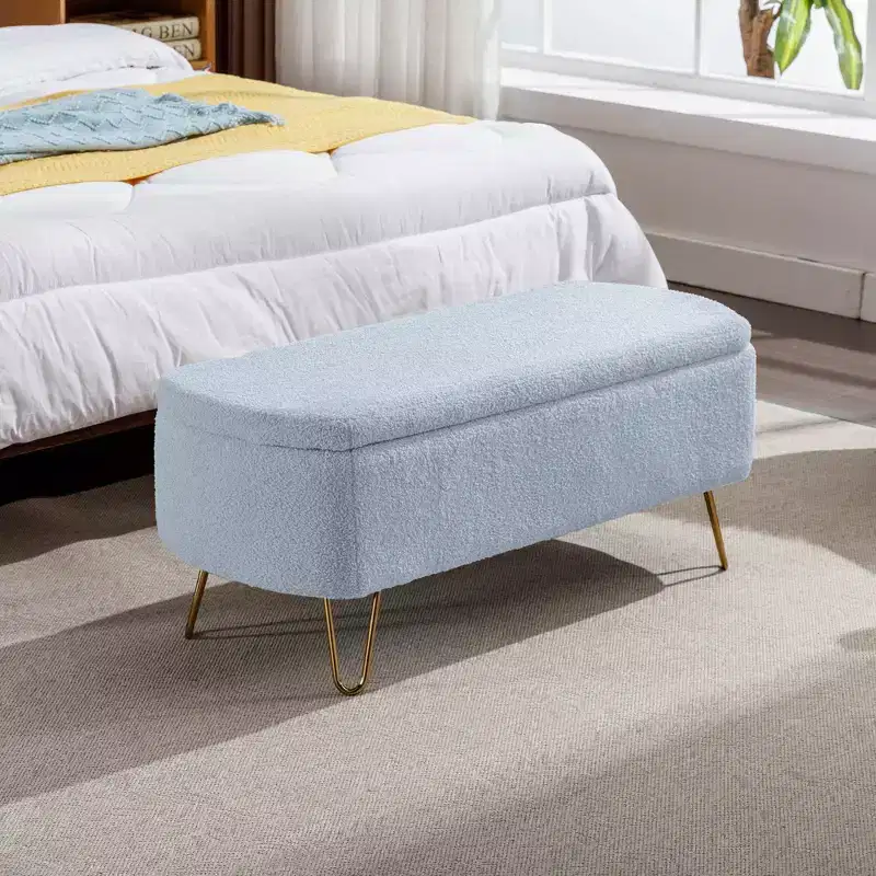 Storage Ottoman for End of Bed, Modern Faux Fur Entryway Bench Upholstered with Gold Legs for Living Room Bedroom