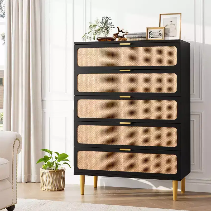 Rattan 5 Drawer Dresser for Bedroom, Tall Dresser with Deep Drawers, Large Chest of Drawers for Closet with Wide Top for Living Room, Hallway