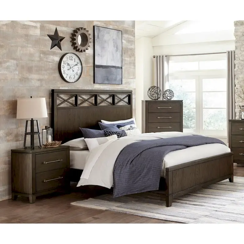 Modern Contemporary Dark Brown Bedroom Set Bed Nightstand Chest