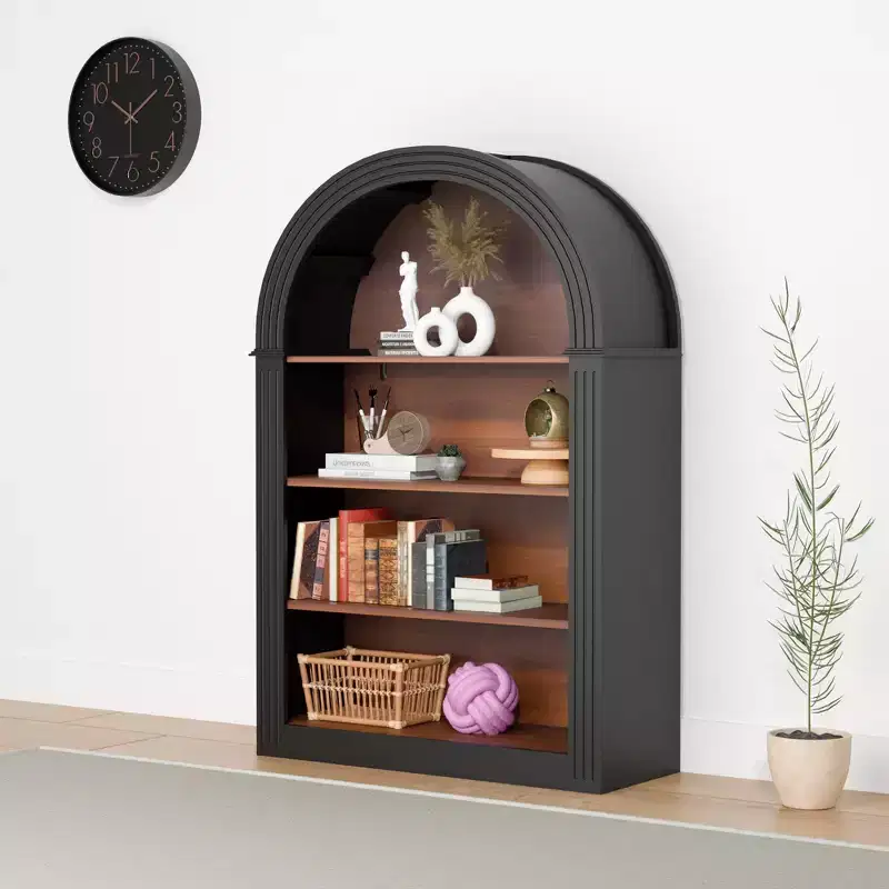 Okak Antique Arched Display Cabinet, Storage Cabinet with 4 Shelves, Freestanding Storage Cabinet for Living Room, Hallway and Office, Black