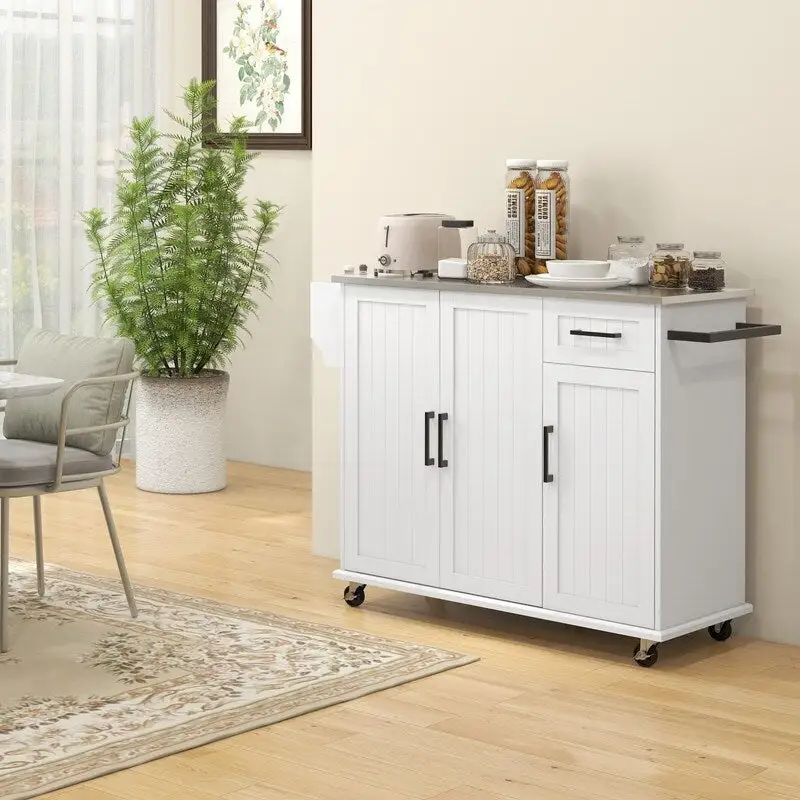 50.5Kitchen Island Rolling Kitchen Cart on Wheels with Drawer,3 Cabinets,Stainless Steel Countertop,Spice Rack and Towel Rack
