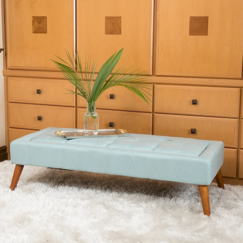 Tufted Fabric Ottoman Bench with Wooden Legs