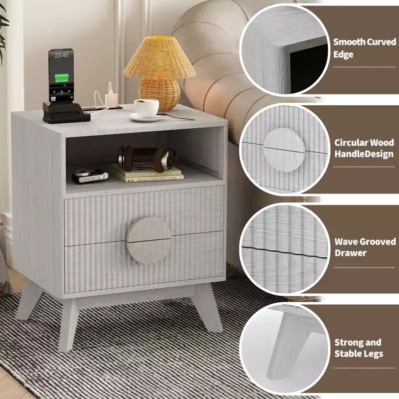 GustoWave Farmhouse Fluted NightStand Set of 1/2, Wood Tall Nightstands, End Table with 2 Drawers & Open Shelf & Feet