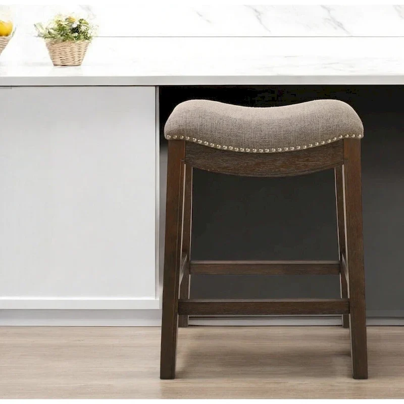Backless Counter Height Bar Chair, Gray & Brown Fabric Seat, Solid Wood Frame, 26in Seat Height