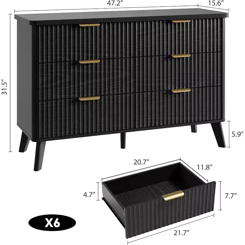 6 Drawers Dresser for Bedroom, 47.2 Wide Dressers with Curved Profile Design