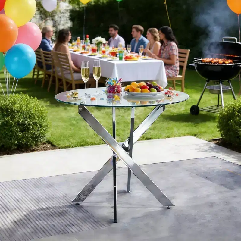 Dining Table with Cross Metal Leg and Tempered Glass Top, Modern Space-Saving Design for Kitchen or Living Room