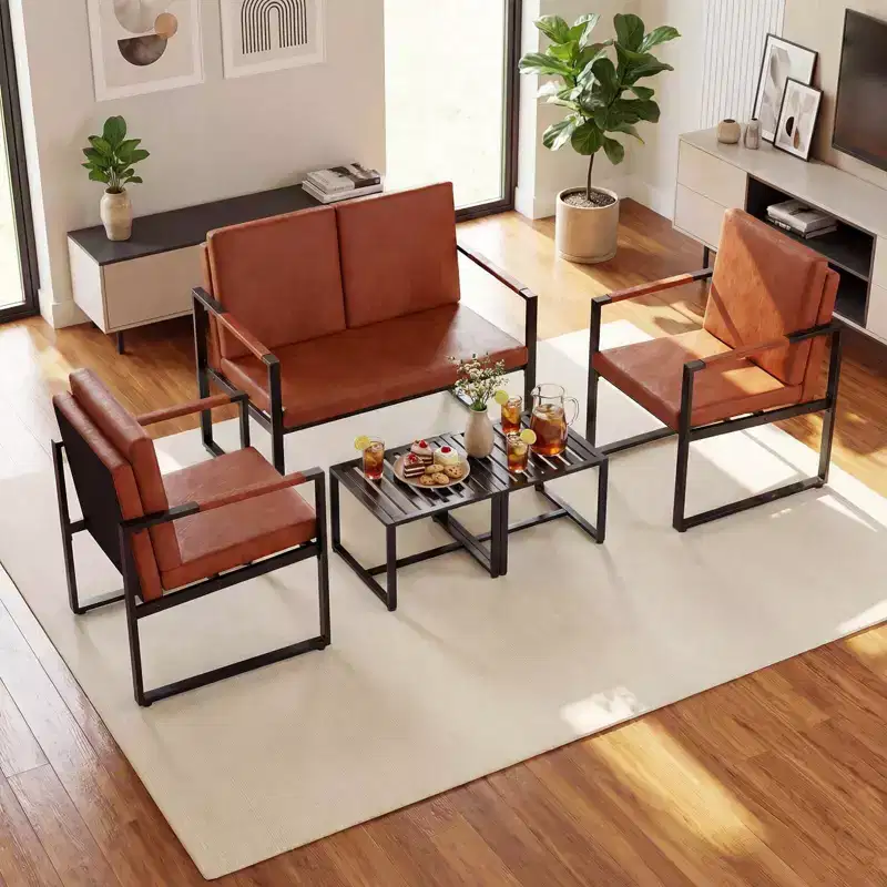 Modern 2-Seater Loveseat Sofa with Solid Metal Frame & Removable Back Cushions, Brown/Gray + Black