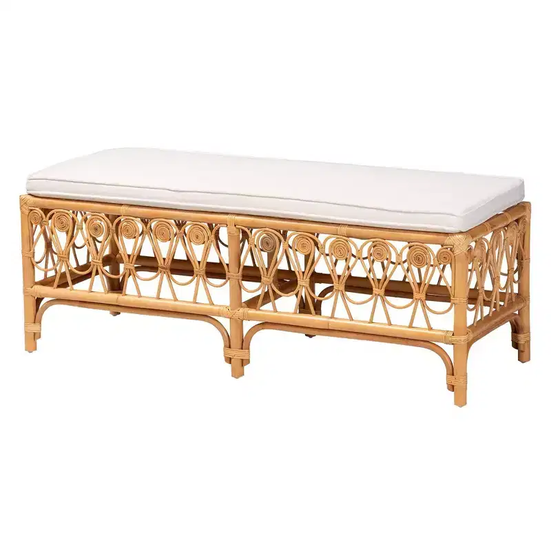 bali & pari Ibiza Rattan Bench White/Light Honey: Handcrafted, Plush Cushion, No Assembly Required