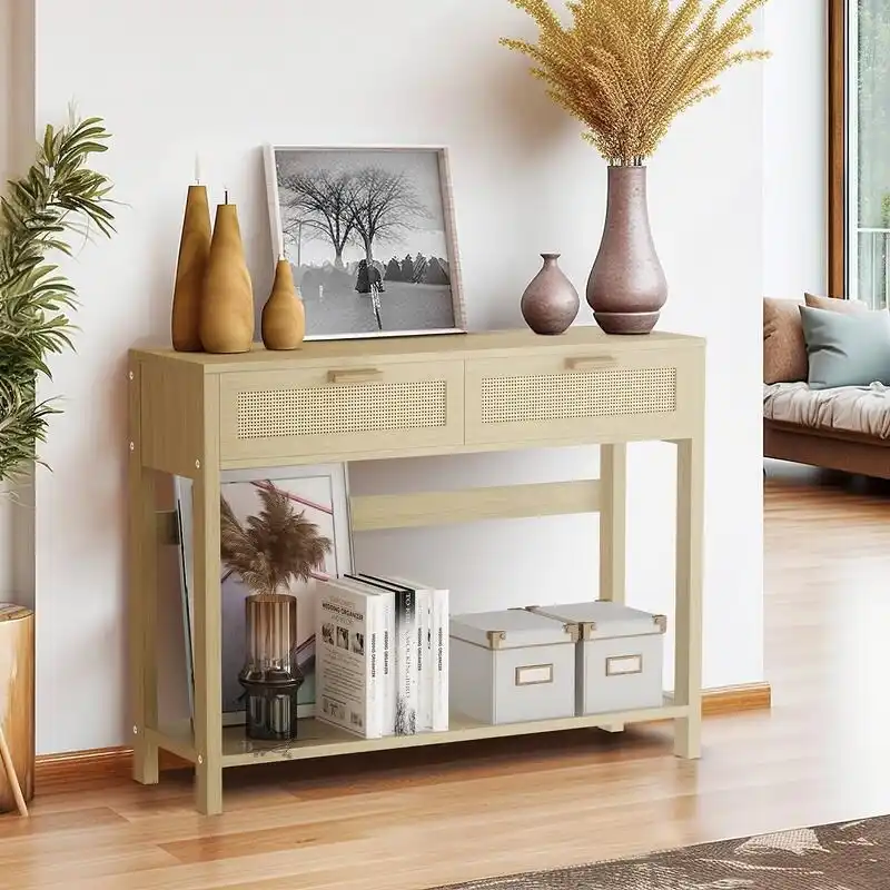 Industrial Entryway Console Table | Retro Grey Wood & Black Metal Frame