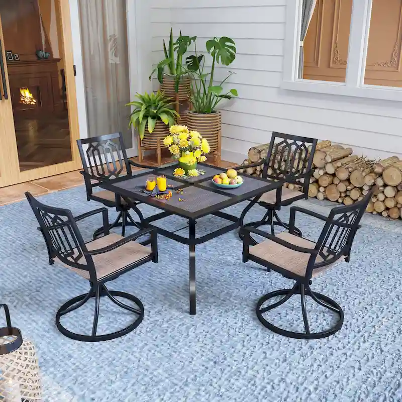 MFSTUDIO 5-Piece Patio Dining Set, 4 Sling Swivel Chairs and Multi Role Metal 37inch Square Table with 1.57 Umbrella Hole