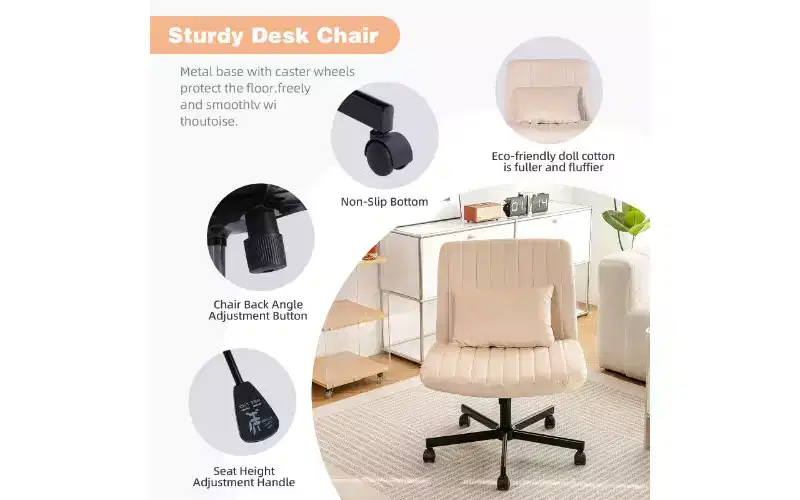Modern Linen Swivel Criss Cross Chair, Ergonomic Office Chair, Height Adjustable Home Office Desk Chair, Versatile Armless Chair with Wheels