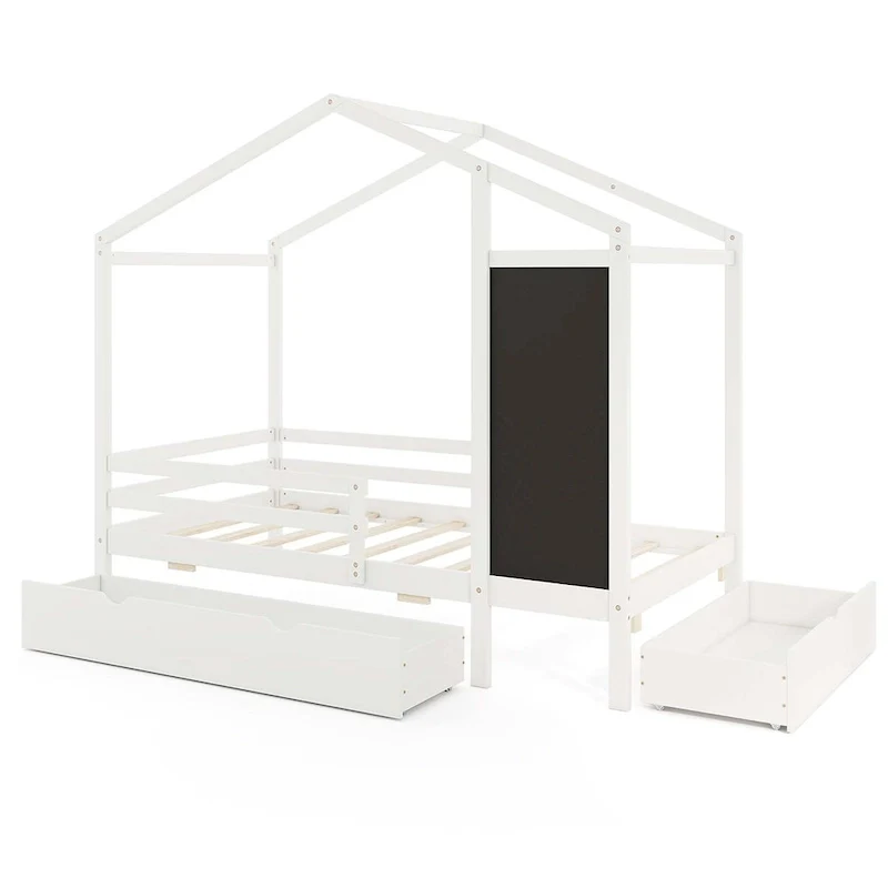 Costway Twin House Bed with 2 Storage Drawers Solid Wood Platform Bed